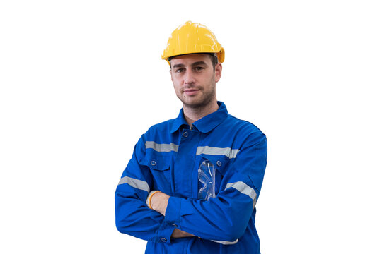 Portrait of male engineer wear uniform and helmet standing witch crossed arms on white background