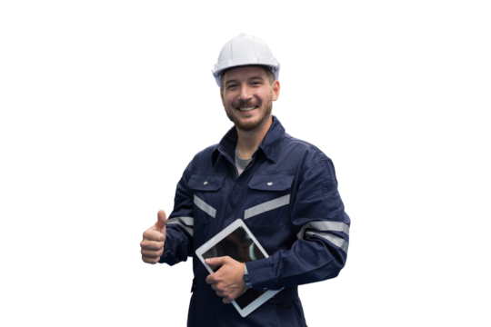 Portrait of male engineer wear uniform and helmet standing and working digital tablet on white background