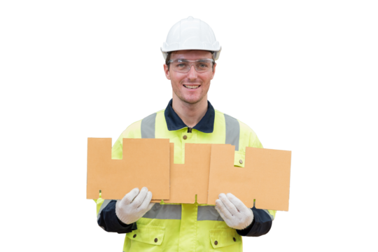 Portrait of male engineer wear uniform and helmet standing on white background