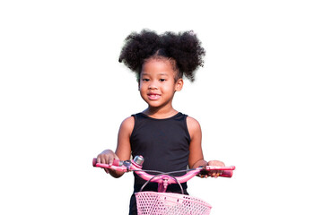 Happy smiling African American little curly cute girl riding bicycle on white background