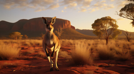 Kangaroo in the desert at sunset, side
view, hyper realistic photo, dramatic light and shadows