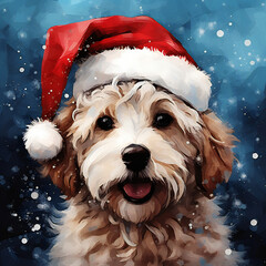 dog wearing santa hat, maltipoo - obrazy, fototapety, plakaty