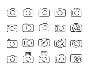 Camera Icon Set. Photography photo video. multimedia social media Instant line icons set, editable stroke isolated on white, linear vector outline illustration, symbol logo design style