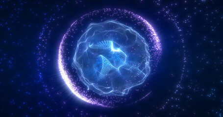 Abstract blue energy sphere from particles and waves of magical glowing on a dark background