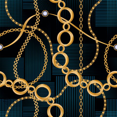 Seamless pattern decorated with precious stones, gold chains and pearls.	