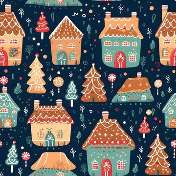 Gingerbread Village on Christmas, New year and other holidays with seamless pattern