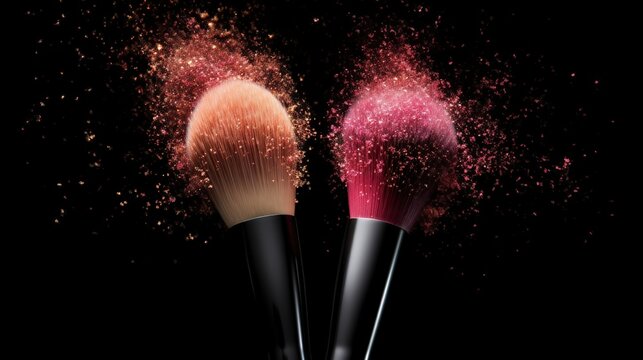 Two bulbous cosmetic brushes, one comes into the picture from above. one brush comes into the picture from below. In between there are some powder particles, black background
