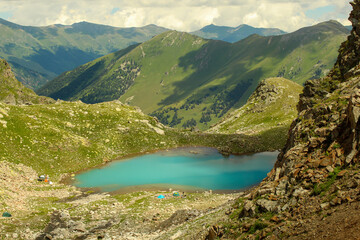 Naklejka na ściany i meble Panoramic aerial view of Small Sophia lakes, Arkhyz, Caucasus, Russia.