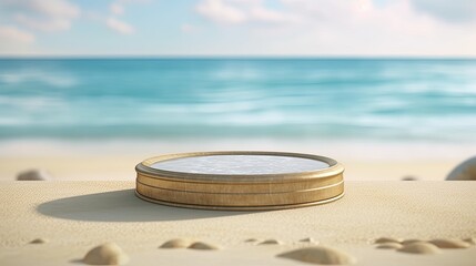 Fototapeta na wymiar 3d round podium over the beach sand with blue water background