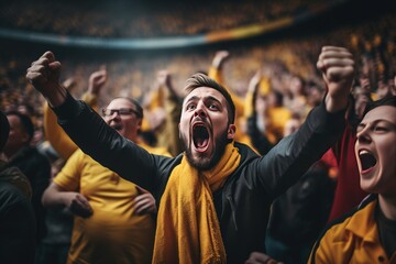 The emotions of football fans overwhelm the fans applauding in the stands - obrazy, fototapety, plakaty