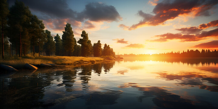 sunset over the lake ,Sunset Image ,A peaceful lakeside sunset with the sky mirrored in the calm waters Generative Ai