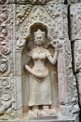 Bas relief of a celestial devata or being at Preah Khan temple complex at Siem Reap, Cambodia, Asia