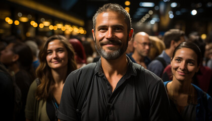 Obraz premium Group of smiling adults enjoying nightlife, looking at camera outdoors generated by AI