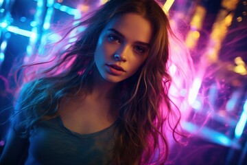 Naklejka premium Portrait of young beautiful woman dancing in night club with lights.