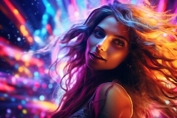 Fototapeta premium Portrait of young beautiful woman dancing in night club with lights.
