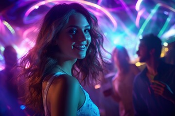 Obraz na płótnie Canvas Portrait of young beautiful woman dancing in night club with lights.