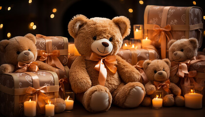 Cute teddy bear gift illuminates winter night, bringing joy generated by AI