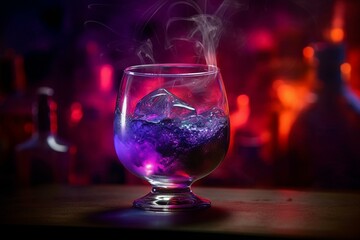 vibrant mixed drink amidst purple smoke with blurred lights. Generative AI