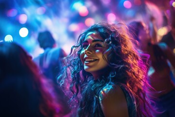Fototapeta na wymiar Portrait of young beautiful woman dancing in night club with lights.
