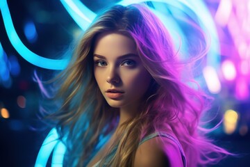 Portrait of young beautiful woman dancing in night club with lights. - obrazy, fototapety, plakaty