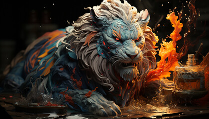 Flaming lion roars, fierce and powerful, captivating the night generated by AI