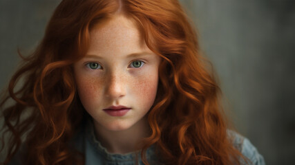 Portrait of a beautiful teenage model with red hair and freckles. Confident expression. Skin and hair care.