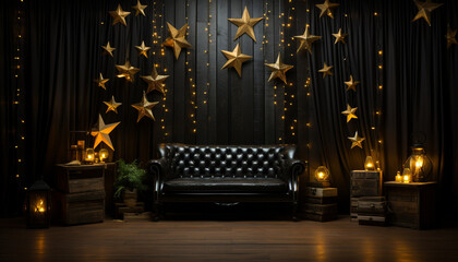 Luxury living room, glowing gold backdrop, comfortable sofa, elegant decor generated by AI