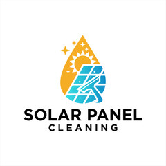 solar panel cleaning logo concept , Solar panel and sun energy natural logo design. Sun, leaf and Solar panel premium vector illustration.