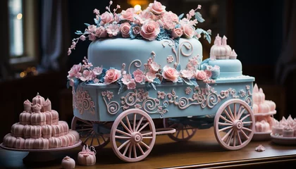 Fotobehang Wedding celebration elegant bride, ornate cake, gourmet food, pink decoration generated by AI © Stockgiu