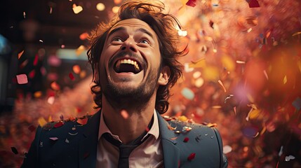 Joyful happy businessman in a suit celebrates victory against the backdrop of festive confetti and fireworks. Concept business finance office work career and success