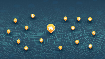 Multiple destinations, isometric. Gps tracking map. Track navigation pins on street maps, navigate mapping technology and locate position pin. Futuristic travel gps map or location navigator vector