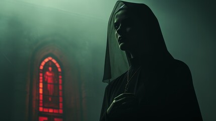 nun at night in the monastery. - obrazy, fototapety, plakaty