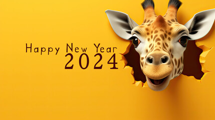 Naklejki  generated  illustration  of cute giraffe peeking out of a hole in yellowcracked  wall,  greeting 2024