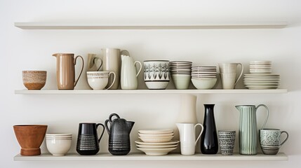 a shelf lined with several empty vases, cups and utensils isolated on white background. - obrazy, fototapety, plakaty
