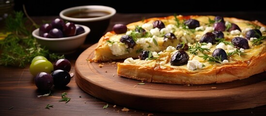 Rustic wooden table displaying a Greek tart topped with feta cheese and olives - obrazy, fototapety, plakaty