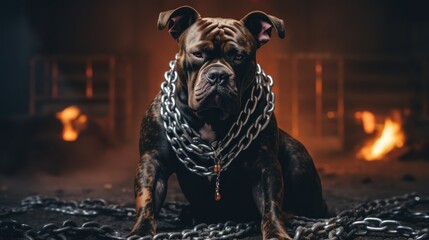 American Pit Bully dog with fierce and muscular muscles in a room with chains. The background of...