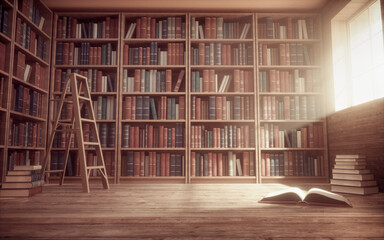 Bookshelves in the library. - obrazy, fototapety, plakaty