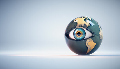 Human eye with earth globe on it in a studio background. Nature and environment concept. - obrazy, fototapety, plakaty