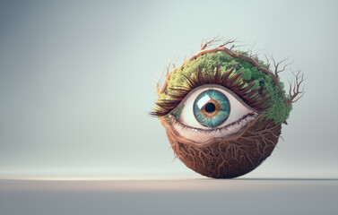 Human eye with vegetation on it in a studio background. Nature and environment concept.