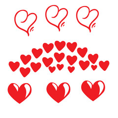 Doodle of heart for valentine's day. Sketch of red heart icon symbol graphic set. Hand drawn heart element vector