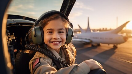 A beautiful young female pilot takes a selfie in the cockpit while piloting a plane with the sky in...