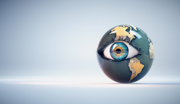 Human eye with earth globe on it in a studio background. Nature and environment concept.