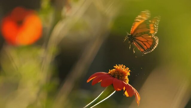 Monarch butterfly on flower, taking off and flying away in slow motion. 4K.