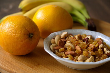 Closeup of various fruits on wooden background