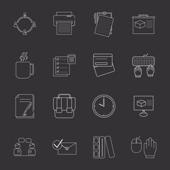 Set of 16 Office and Workplace web icons inline style. with a black background,
Employee, conference, project, document, business, work, Vector illustration. EPS 10