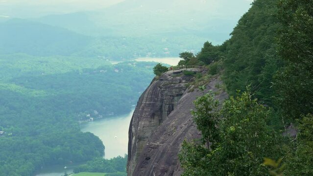 American travel destination in Appalachian mountains. Exclamation Point trekking overlook at Chimney Rock State Park in North Carolina, USA