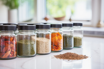 Close up of glass container of spices on reflection marble table in background of modern kitchen. Cooking concept of powder and seasoning. - obrazy, fototapety, plakaty