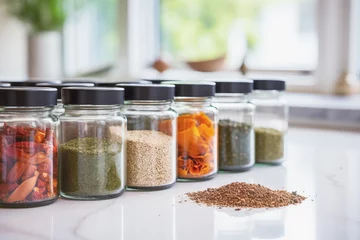 Poster Close up of glass container of spices on reflection marble table in background of modern kitchen. Cooking concept of powder and seasoning. © cwa