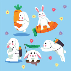 Cute Bunny Art Flat Vector Collection with carrot