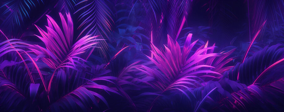 Fototapeta Dark Purple and Pink Palm Leaves Background